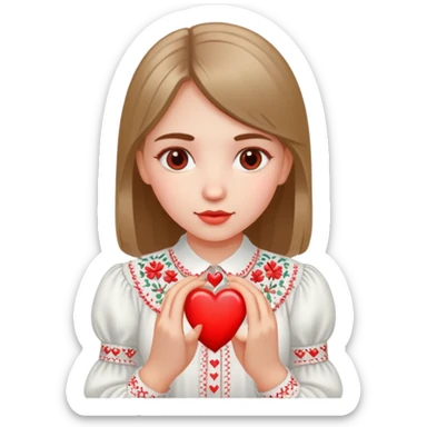 Ukrainian girl in a white embroidered shirt holds a heart in her hand sticker