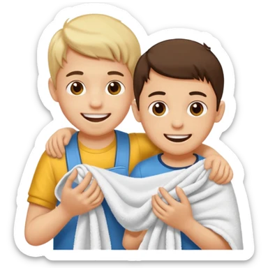 un niño pequeño y un hombre jugando al juego de tirar la soga, en vez de soga una toalla blanca sticker