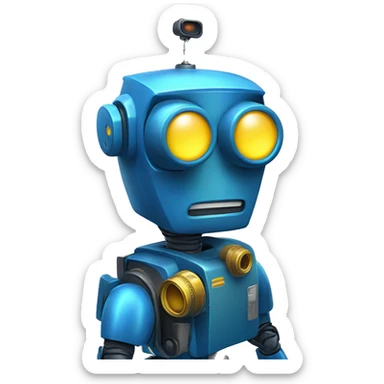 blue robot with a camera for a head and a glowing yellow lense sticker