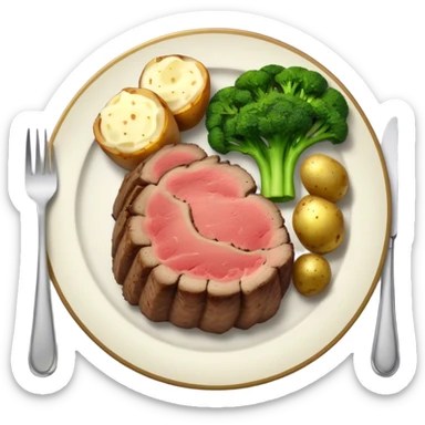 Plate of prime rib baked potato broccoli and parsnip sticker