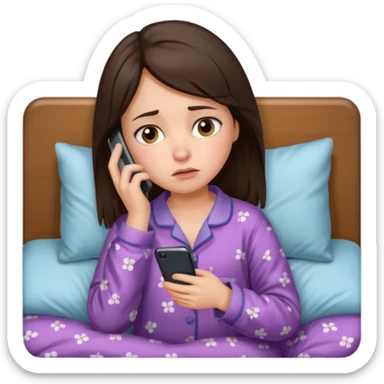 generate a girl brunette using her phone in bed. she looks sad sticker