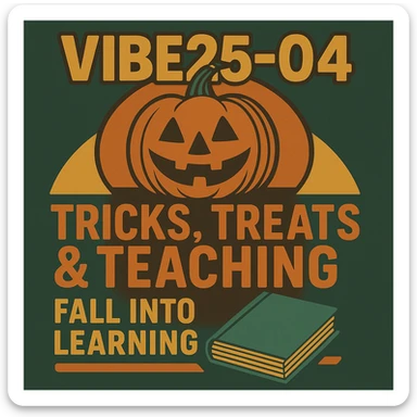 Create a logo that uses both of these images.  Words should read "VIBE25-4: Tricks, Treats & Teaching, Fall into Learning" sticker