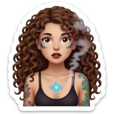 woman with long curly brown hair, brown eyes, white skin, tattoos, neon fog coming from her breath sticker