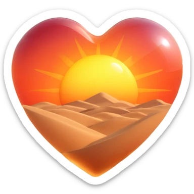 Add a realistic sun inside the glass heart, above the desert sand dunes, keep the glass look and no vegetation, 3D emoji style, with no background sticker