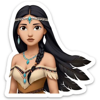 Cinematic Realistic Pocahontas Portrait, depicted with lifelike skin texture, soft natural lighting, and intricately detailed long, flowing raven-black hair that moves gracefully in the wind. Her deep, soulful dark brown eyes exude wisdom and strength, complemented by a serene yet powerful expression. She is dressed in her classic one-shoulder native american dress, with rich fabric textures and delicate beaded details that catch the light beautifully. The portrait features a soft, sun-kissed glow with a natural, radiant finish, capturing the essence of untamed beauty and deep connection to nature in a realistic and painterly style, evoking a sense of depth and authenticity. sticker
