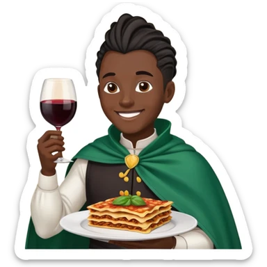  High fade widows peak ponytail dreadlock male black hair dark skin smiling and nigerian cape eating lasagna and wine  sticker