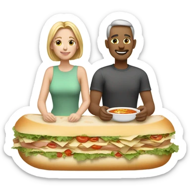 White couple sitting on top of big sandwich. They are eating soup sitting on t sticker
