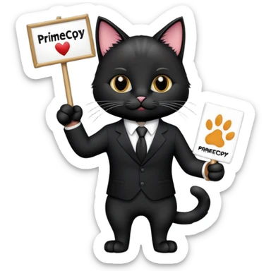 A cat in a black business suit holds a sign with the inscription "PrimeCopy" with one paw and shows a like with the other paw sticker