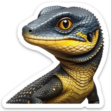 cinematic-realistic-cute-monitor-lizard-portrait-emoji,-head-tilted-playfully-and-inquisitively,-featuring-a-compact,-agile-body-with-finely-detailed,-glossy-scales-in-earthy-black and yellow-hues-and-a-distinct,-alert-face-with-bright,-curious-eyes, black , yellow spotted and green band  scales and a big long neck sticker