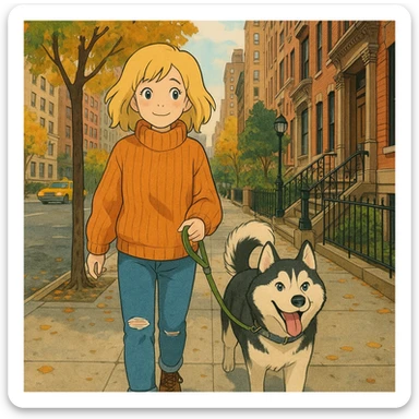 Cute Blonde woman wearing a sweater walking a happy Siberian husky in New York City on an upper east side city sidewalk  sticker