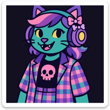 Add cute pastel goth hair clips to the cat ear headphones, keep the style and background as is. Maintain the original look and feel of the image. sticker