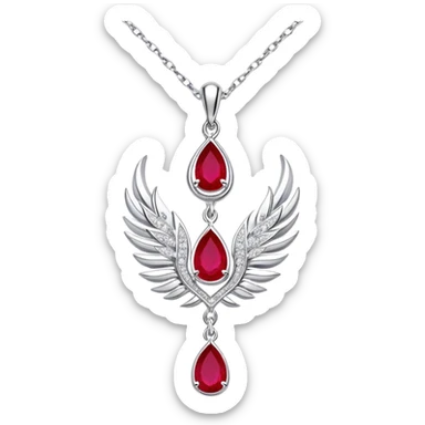 teardrop ruby pendant with fiery light, tiny phoenix feather, shimmering white stones, silver chain, ethereal and powerful rebirth theme sticker