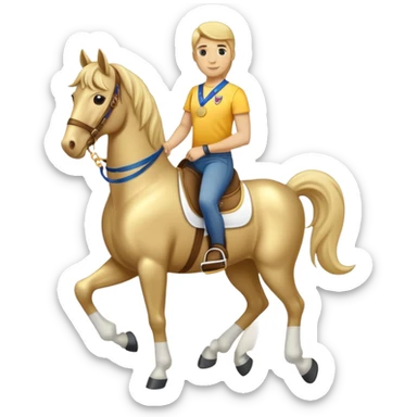 anthropomorphised horse in jeans and a t-shirt, wearing a gold medal sticker