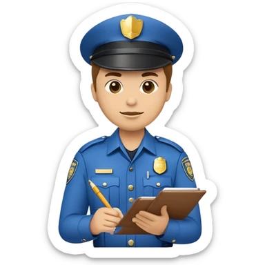 An emoji of a traffic police officer writing a ticket. The officer wears a traditional uniform with a hat and badge, holding a notepad and pen. The design is simple, cartoonish, and emoji-like, with a neutral yet authoritative expression sticker