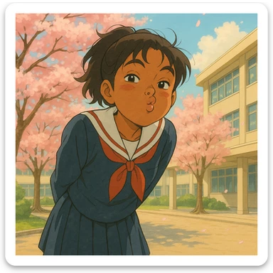 Japanese brown-skinned high school girl in a Tokyo high school setting, leaning forward with a mischievous smile and puckered lips, school uniform, cherry blossoms in the background, anime-inspired sticker