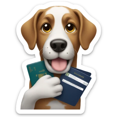 dog holding passport sticker