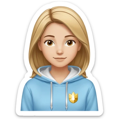 Woman with predominantly brown hair with blonde highlights, straight with side part, serene smile, dreamy eyes, wearing a light blue fantasy-sporty hoodie with golden and white details sticker