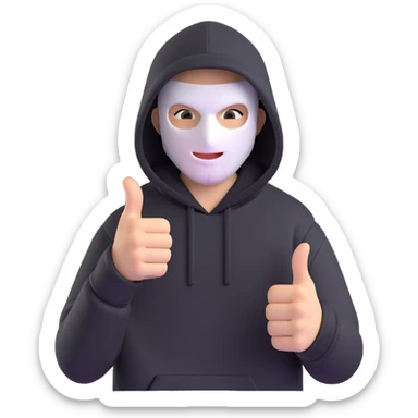 A person in a black hoodie giving a thumbs up, with the face replaced by a white mask, in 3D style, no background. sticker