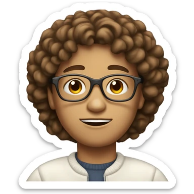 physisist with short curly brown hair white skin glasses and a sweter sticker