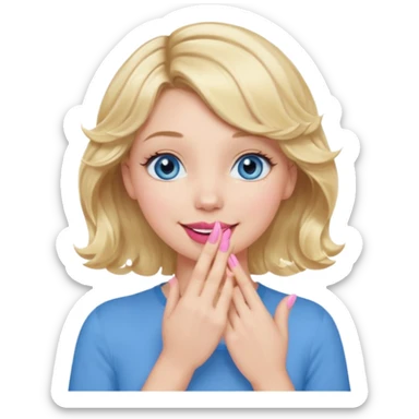 Girl Blonde short wavy hair,  blue eyes, cute blue top, long lashes, pink lips, smiling, hand covering the mouth sticker