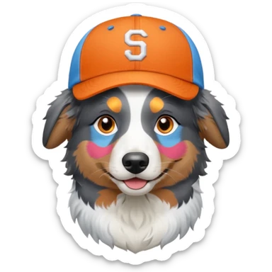 Blue Merle Australian Shepherd with icy blue eyes wearing an orange baseball cap. sticker