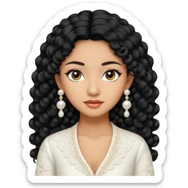 tan skin women, with black long Curly hair, wear white kebaya , and little pearl earring sticker