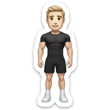 Pale skinned Fit Man With the biceps and dark brown hair in black shirt, gray sports shorts and white Sneakers sticker