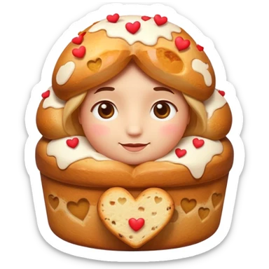 Apple-style emoji illustration of a cute face with dreamy eyes hugging a traditional panettone, small hearts floating around, soft 3D emoji style, smooth gradients, rounded shapes, warm festive colors, simple expression, centered composition, transparent background, no text. sticker