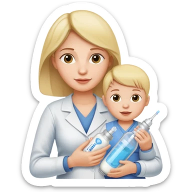 Mother holding a baby bottle with milk and a vaccine syringe sticker