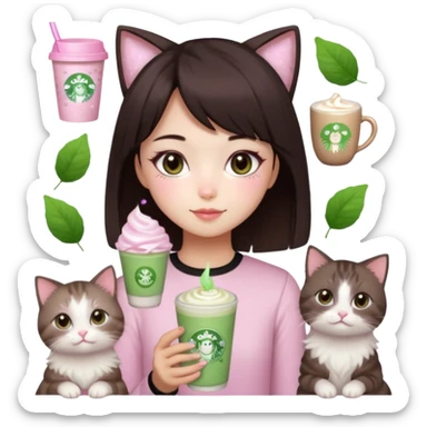 asian girl with short dark brown hair and dark brown eyes with a soft girl pink glowup aesthetic, matcha latte, 2 light brownragdoll cats, and sparkles, makeup, and money sticker