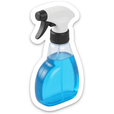 skeuomorphic 3D window cleaning spray bottle, realistic highlights, ergonomic shape, blue cleaning fluid sticker