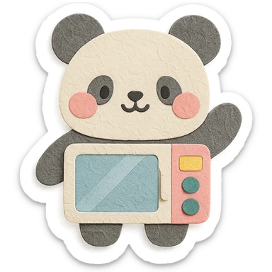 fluffy panda with microwave oven elements, blushing and waving, soft pastel, full-body sticker