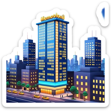 A 3D cartoon city billboard mounted on a tall building, glowing lights at dusk, realistic reflections, Memoji-style. sticker