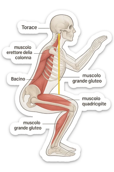 side view of a human figure performing a squat, with transparent overlays showing the skeletal structure. A straight line or highlighted axis connects the pelvis (bacino) and the ribcage (torace), demonstrating correct alignment. Key muscles involved in maintaining posture are labeled. Clean, educational style, white background. sticker