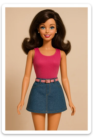 classic brunette Barbie doll, full body, iconic style, cheerful expression, modern fashion, soft lighting sticker