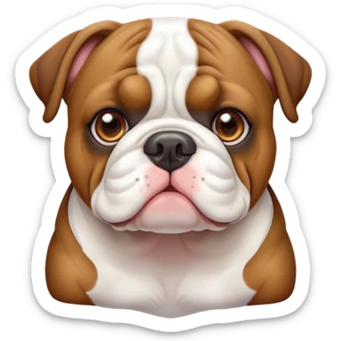 Cinematic Cute Brown and White English Bulldog Portrait Emoji, Head tilted playfully and inquisitively, featuring a glossy brown and white coat with distinct patches, round, sparkling brown eyes filled with curiosity, Simplified yet irresistibly adorable features, highly detailed, glowing with a warm, friendly glow, high shine, affectionate and charming, stylized with a touch of whimsy, bright and endearing, soft glowing outline, capturing the essence of a mischievous yet loving companion, so playful it feels like it could bound out of the screen and into your arms! sticker