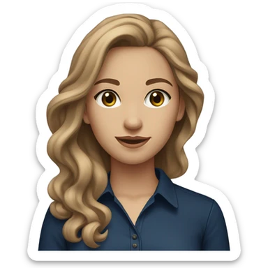 light skinned girl, with blueish and a bit green eyes, light brown wavy long hair, navy blue tight shirt, small chest, skinny body sticker