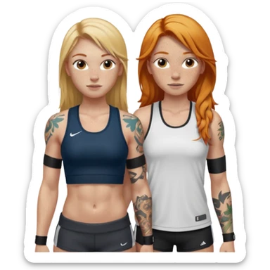 girl with long blonde hair and tattoos next to an athletic masculine ginger girl  sticker