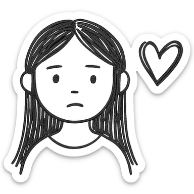 pale girl with long black hair and a black heart sticker