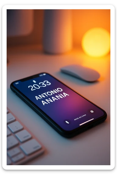 A photo of an iPhone on the desk with the message "Antonio Anania" on its screen, The phone sits atop a desk with a blurred background that suggests work environment. A faint glow from above casts gentle shadows across the surface of each object, creating depth and highlighting their textures sticker