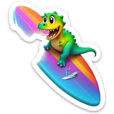 A dinosaur on a rainbow colored surf board  sticker