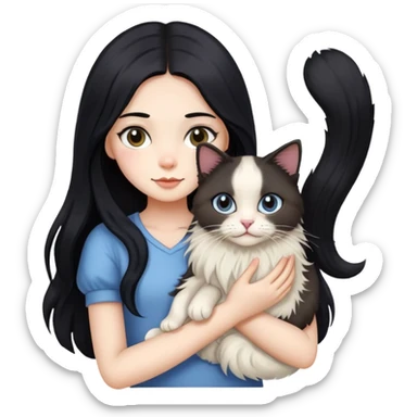 A girl with long black hair holding a ragdoll cat sticker