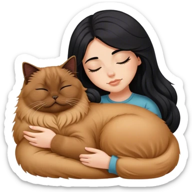 A pretty white girl with long black hair and sleeping curled up to a brown Persian cat  sticker