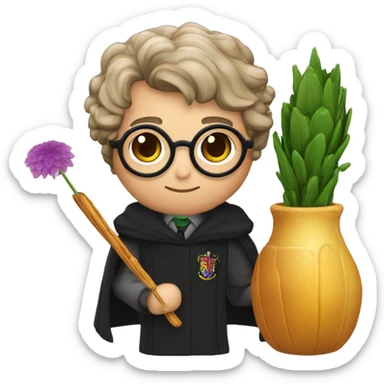 Harry potter avec les cheveux ondulés noir des lunettes ronde une cicatrice une baguette magique et un pot de fleur  sticker