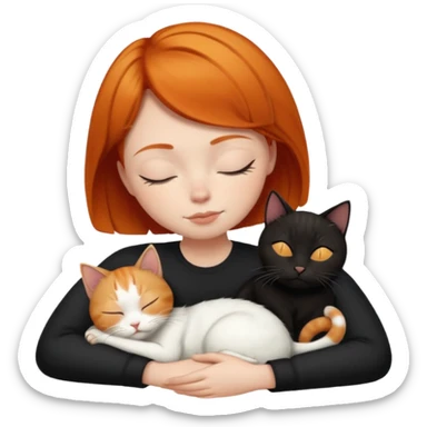 Ginger Girl short hair sleeping with two cats a black and a white bigger cat  sticker