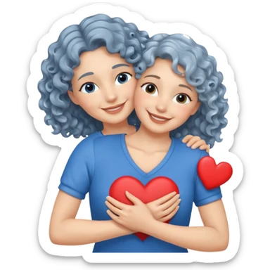 Silver, wavy/curly hair chin-length lady giving hug with 2 arms, blue v-neck and smilingm add a heart sticker