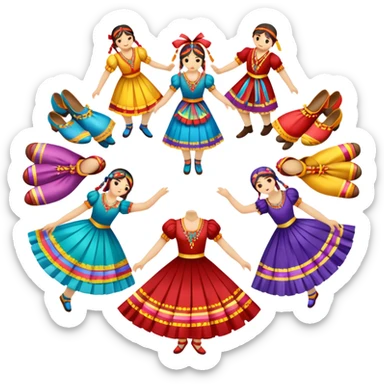 Icon for Folk Dance: close-up traditional dance dress, shoes, colorful folk costumes and a dance circle with ribbons. The icon should represent the vibrant and cultural aspects of folk dancing. Transparent background. sticker