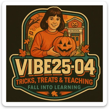 Create a logo that encompasses a retro 80's feel, nostalgic, ALSO RETRO.  Add the words "VIBE25-04: Tricks, Treats & Teaching: Fall Into Learning" sticker