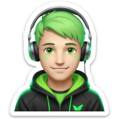 friendly streamer avatar, smiling man, stylized illustration, neon green eyes with soft warm highlights, hoodie and headset with neon accents, subtle cyberpunk vibe, dark background, clean lines, cozy and friendly mood sticker