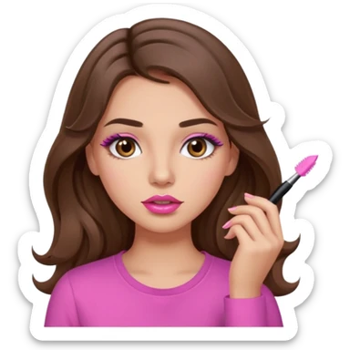 girl with long wavy brown hair, brown eyes, light to medium complexion, in a pink shirt, pink lips, long lashes, puckered lips, putting on mascara sticker